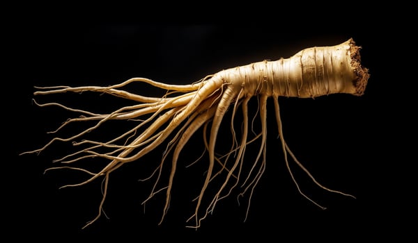 Ginseng root isolated on dark background. Healthy time. AI generated photo