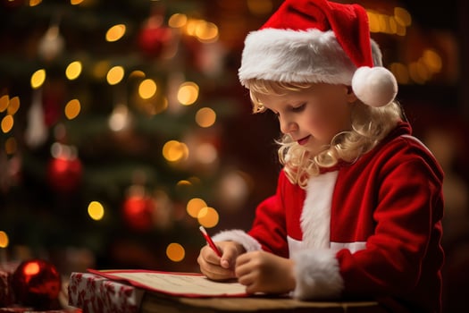 AI generated Little european girl writing letter to Santa, wish list of presents for Christmas in decorated room photo