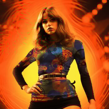 Young woman in mini skirt dress in psychedelic Swinging London style. In 1967 in a fashion psychedelic disco. Generative AI photo