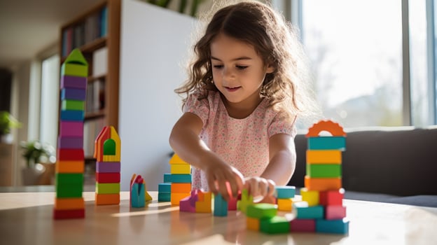 A young child using blocks to learn basic counting and math skills. photo