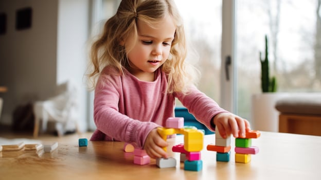 A young child using blocks to learn basic counting and math skills. photo