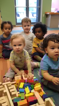 A group of children playing together and building with wooden blocks. photo
