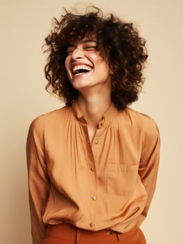 Happy European woman in casual clothing against a neutral background AI Generative photo