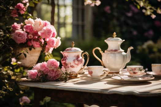 A garden scene set with a vibrant tea party setup, complete with vintage china, lush florals, and a touch of Barbiecore aesthetic. Generative Ai photo