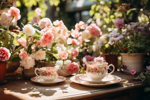 A garden scene set with a vibrant tea party setup, complete with vintage china, lush florals, and a touch of Barbiecore aesthetic. Generative Ai photo