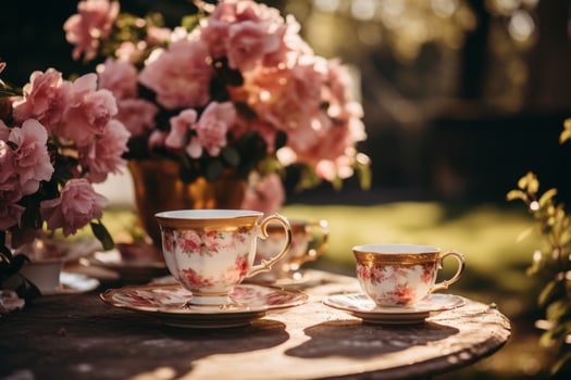 A garden scene set with a vibrant tea party setup, complete with vintage china, lush florals, and a touch of Barbiecore aesthetic. Generative Ai photo