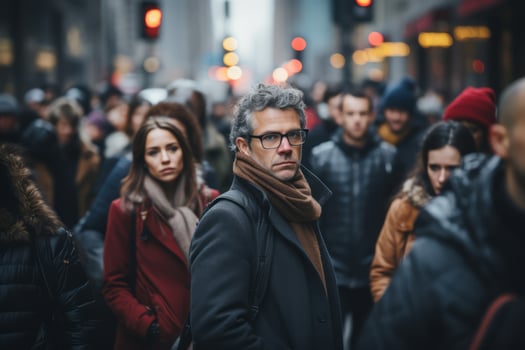 Crowd of people walking on New York city street. Generative Ai photo