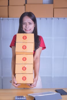 Online seller carries boxes of products Prepare to send to customers photo