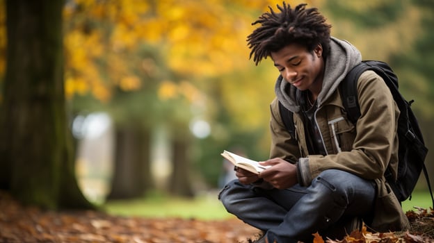 Young african american man reading book in the autumn park. AI Generated. photo