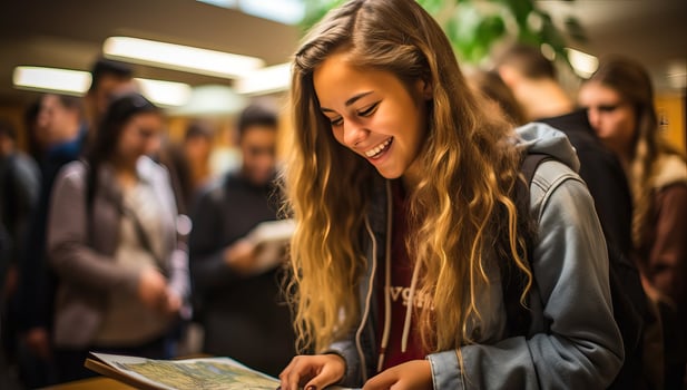 Student women smile at perfect grades in school. AI Generated. photo