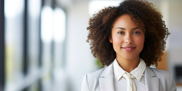 Portrait of young african american businesswoman standing in office. AI Generated. photo