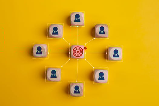 Concept of achieving goals by cooperating with team members with a human icon for customer focus target group and customer relation management concept. photo