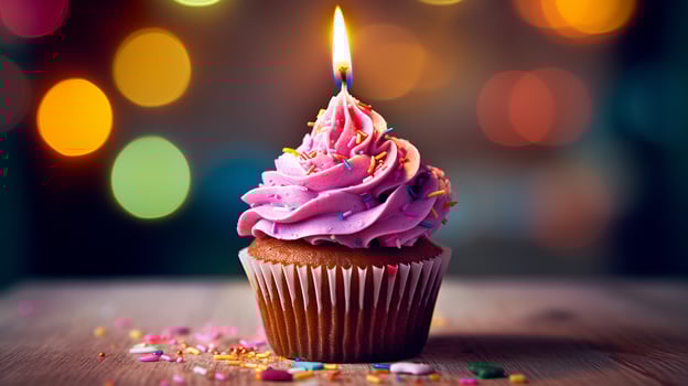 A cupcake with a pink frosting and a lit candle photo