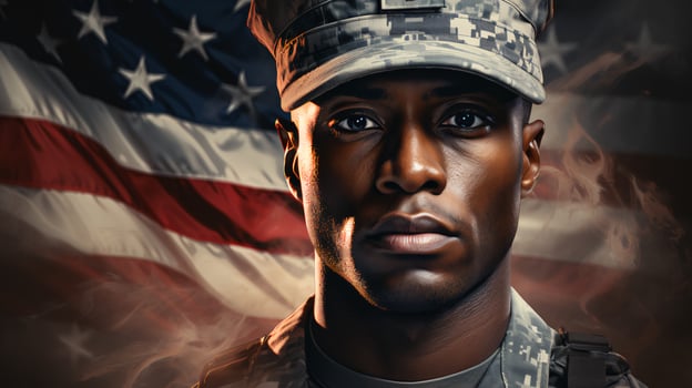 American military soldier Marine in uniform against the background of the American flag for Independence Day photo