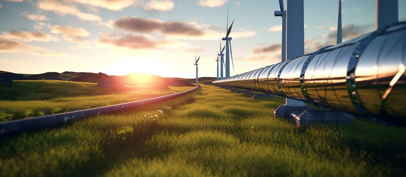 A hydrogen pipeline with wind turbines and in the background. photo