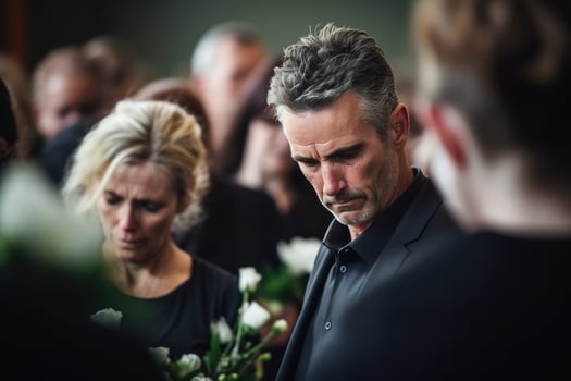 closeup shot of a senior man in front of a funeral bouquet AI generated photo