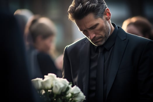 closeup shot of a senior man in front of a funeral bouquet AI generated photo