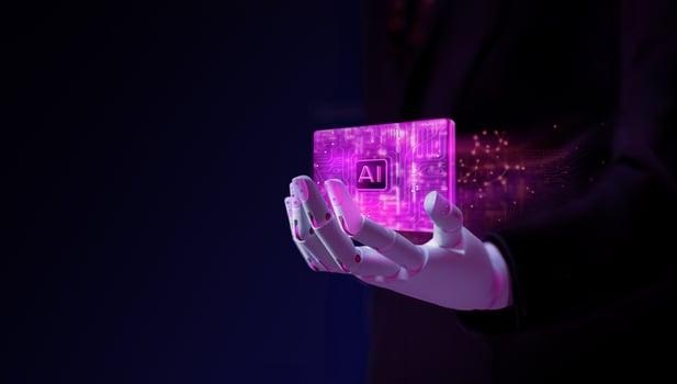 AI Technology Concept. Humanoid Robotic Holding an AI CPU. Conceptual Photo