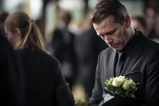 closeup shot of a senior man in front of a funeral bouquet AI generated photo