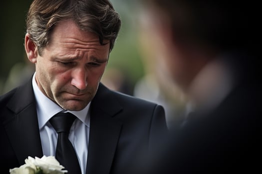 closeup shot of a senior man in front of a funeral bouquet AI generated photo