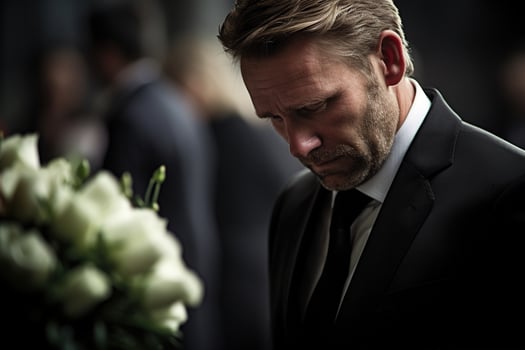 closeup shot of a senior man in front of a funeral bouquet AI generated photo