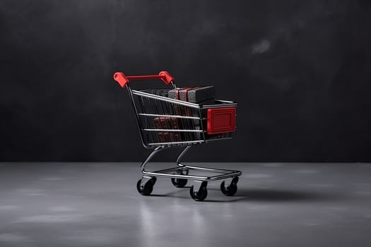 Composition of black friday shopping cart with gift boxes or bags on dark background and copy space concept by AI Generated photo