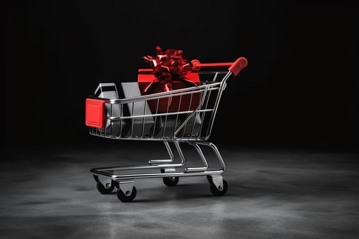 Composition of black friday shopping cart with gift boxes or bags on dark background and copy space concept by AI Generated photo
