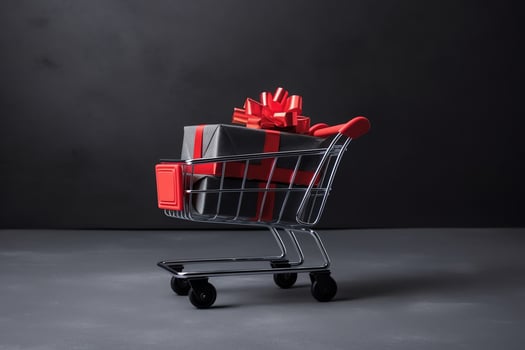 Composition of black friday shopping cart with gift boxes or bags on dark background and copy space concept by AI Generated photo
