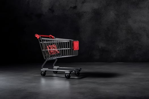 Composition of black friday shopping cart with gift boxes or bags on dark background and copy space concept by AI Generated photo