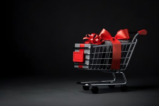 Composition of black friday shopping cart with gift boxes or bags on dark background and copy space concept by AI Generated photo