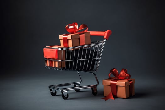 Composition of black friday shopping cart with gift boxes or bags on dark background and copy space concept by AI Generated photo