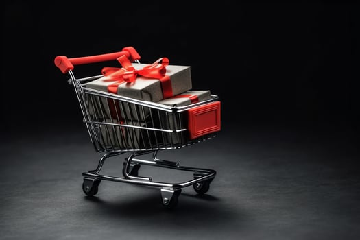 Composition of black friday shopping cart with gift boxes or bags on dark background and copy space concept by AI Generated photo