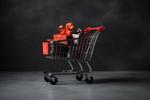 Composition of black friday shopping cart with gift boxes or bags on dark background and copy space concept by AI Generated photo