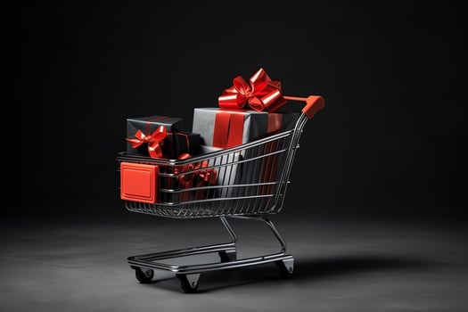 Composition of black friday shopping cart with gift boxes or bags on dark background and copy space concept by AI Generated photo