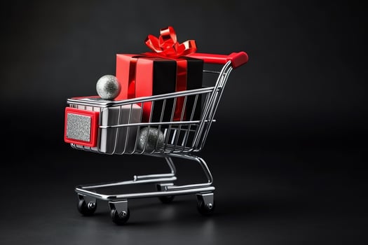 Composition of black friday shopping cart with gift boxes or bags on dark background and copy space concept by AI Generated photo