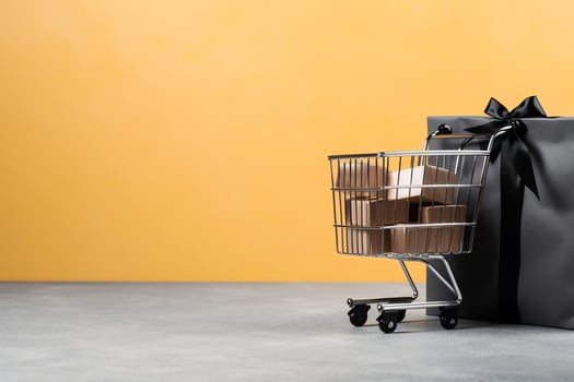 Composition of black friday shopping cart with gift boxes or bags on dark background and copy space concept by AI Generated photo