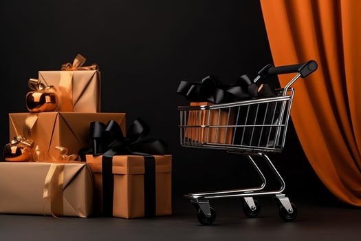 Composition of black friday shopping cart with gift boxes or bags on dark background and copy space concept by AI Generated photo