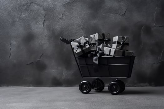 Composition of black friday shopping cart with gift boxes or bags on dark background and copy space concept by AI Generated photo