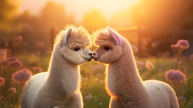 Super cute alpacas couple in love. Happy Valentine's day concept. AI generated image. photo