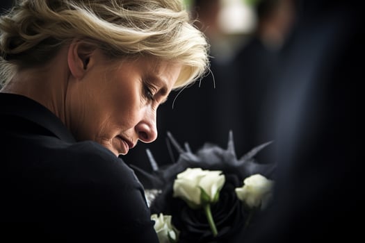 Portrait of a sad woman with a funeral bouquet of flowers AI generated photo