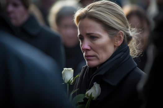 Portrait of a sad woman with a funeral bouquet of flowers AI generated photo