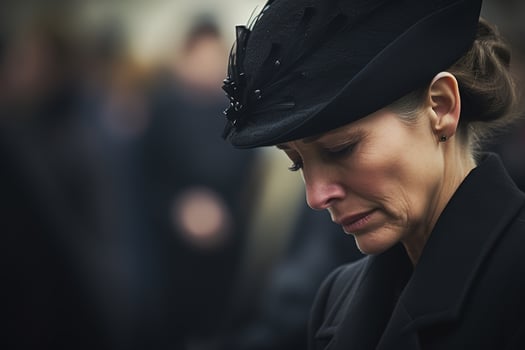 Portrait of a sad woman with a funeral bouquet of flowers AI generated photo
