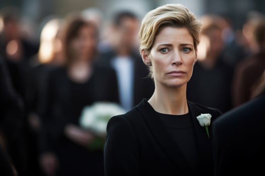 Portrait of a sad woman with a funeral bouquet of flowers AI generated photo