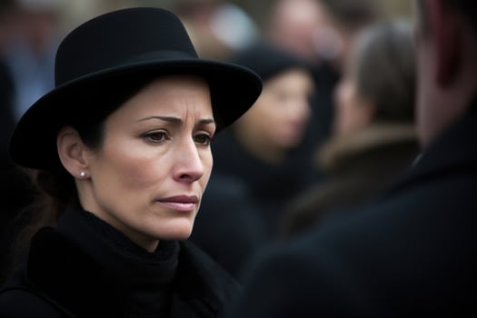 Portrait of a sad woman with a funeral bouquet of flowers AI generated photo
