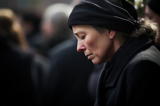 Portrait of a sad woman with a funeral bouquet of flowers AI generated photo