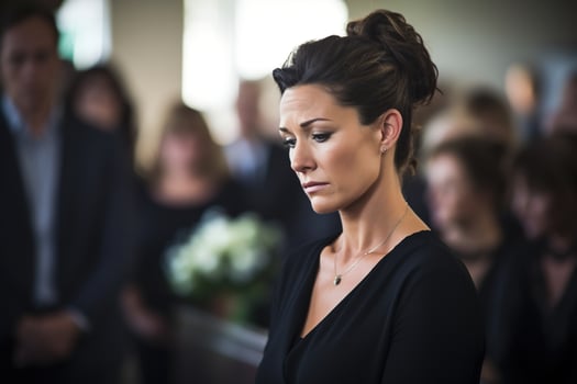 Portrait of a sad woman with a funeral bouquet of flowersAI generated photo
