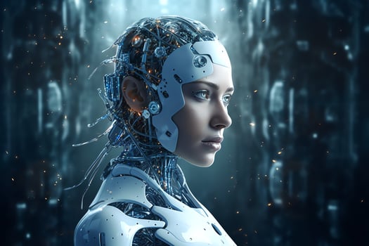 3D rendering technology robotics data analytics or futuristic cyborg with artificial intelligence concept by AI Generated photo