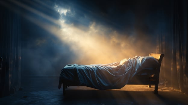 Sunlight Shining through on to a Bed, religious scenery, AI Generative photo