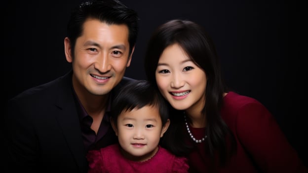 Asian couple with their son smiling at the camera.. Generative AI photo