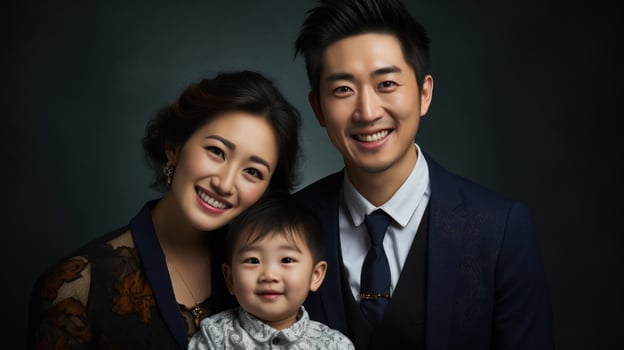 Asian couple holds their little boy between them, their smiles radiating love.. Generative AI photo